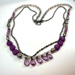 Chico's Duel Multilayered Necklace Gunmetal with Purple and Gray Acrylic Beaded